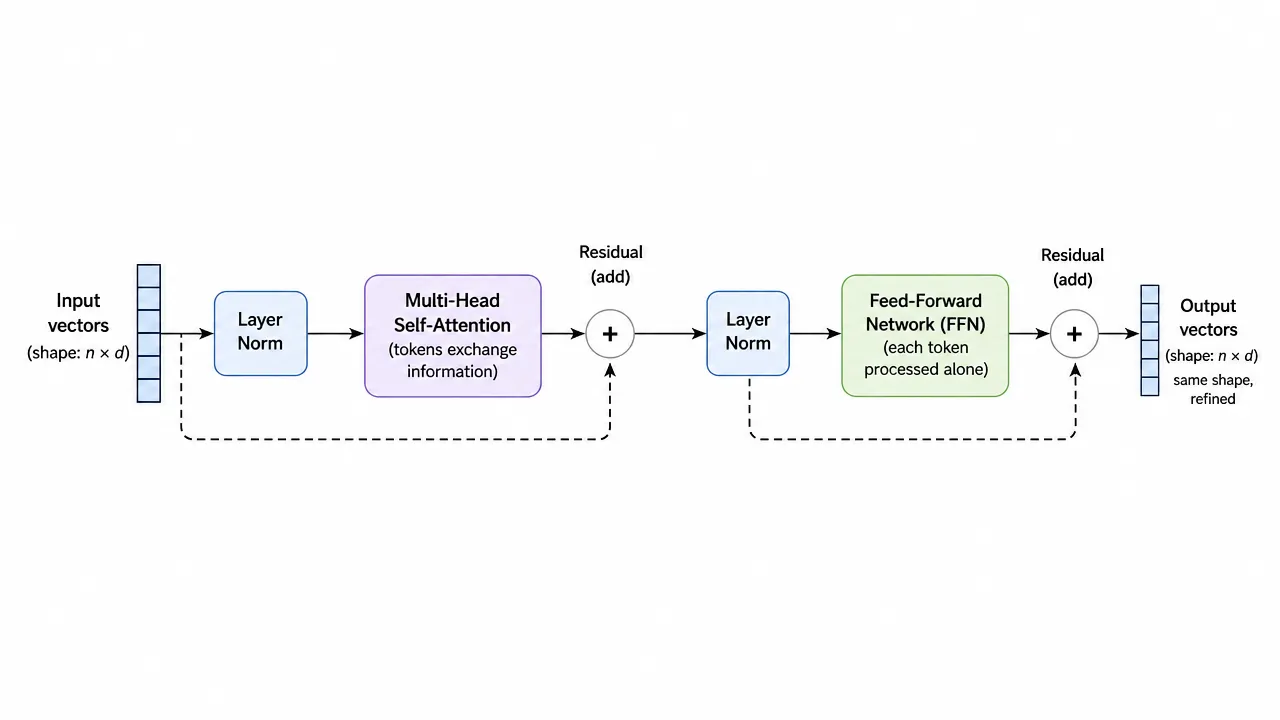 One transformer block: input vectors flow through layer norm and multi-head self-attention with a residual add, then layer norm and a feed-forward network with a residual add, producing output vectors of the same shape, refined.